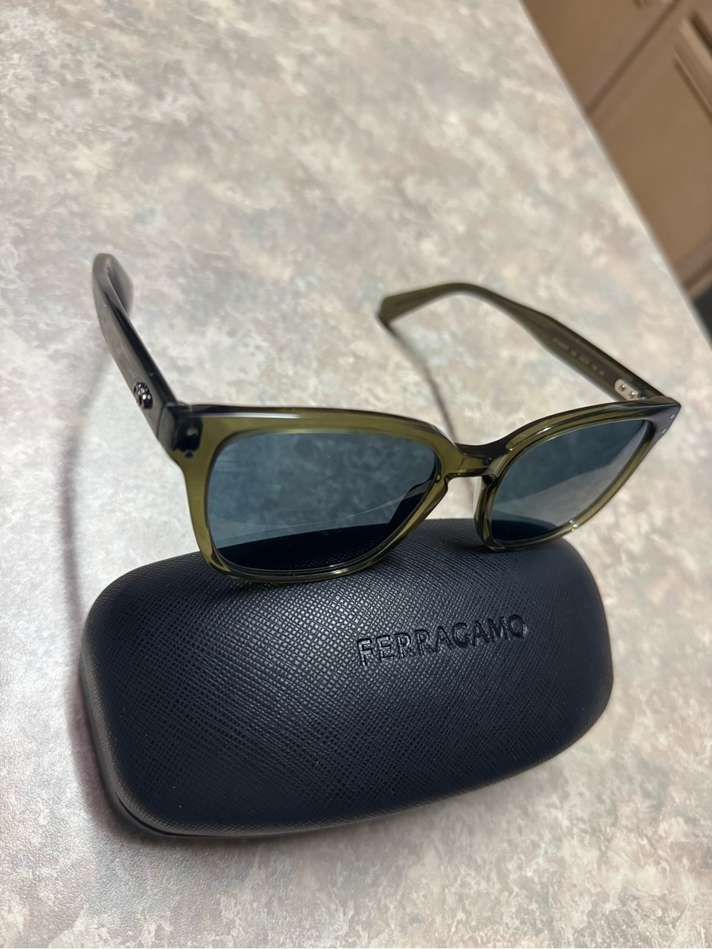 Salvatore Ferragamo Olive Green Frame Sunglasses with Dark Lenses
